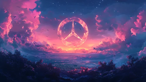 Celestial emblem glowing above neon dusk horizonscape.