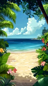 Tropical Beach Scene with Palm Trees and Flowering Vegetation