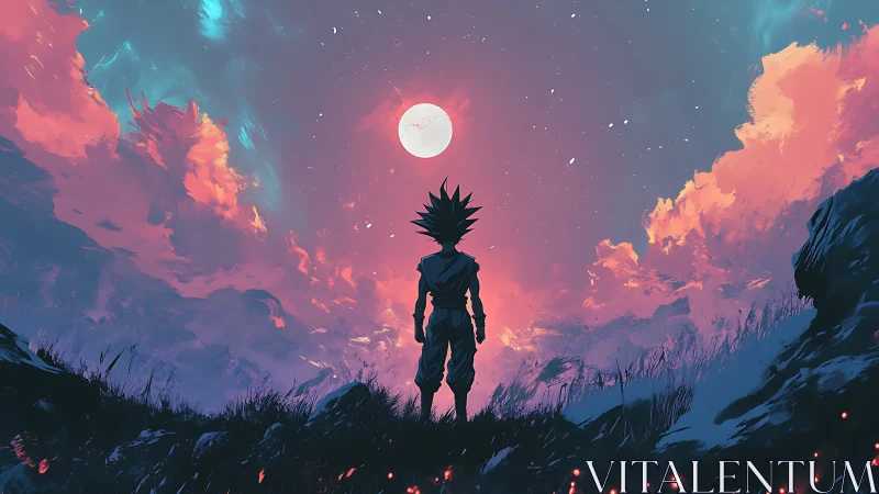 Silhouetted warrior under neon dusk sky and glowing moon.