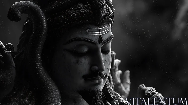 Gentle rain on serene stone deity in quiet grayscale glow.
