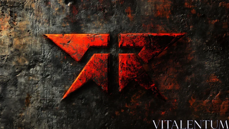 Bold red geometric emblem rests on a rugged dark wall