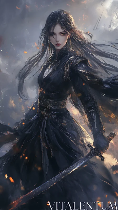 Stormlit dark swordswoman in flowing black battle robes.
