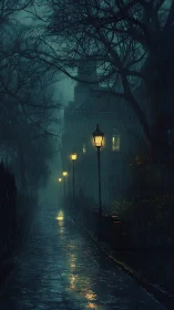 Rain-soaked midnight lane under whispering gaslight glow.