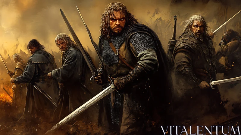 Battle-hardened warriors stand united in swirling embers.