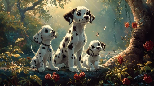 Sweet dalmatian family enjoying a sunlit forest pause.