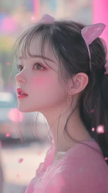 Soft-focus anime portrait renders dreamy pastel street scene