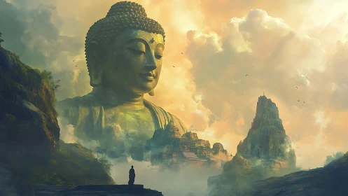 Colossal Buddha statue above misty mountain temples.