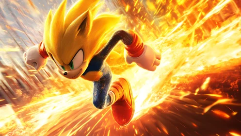 Blazing golden speedster bursting through a trail of fire.