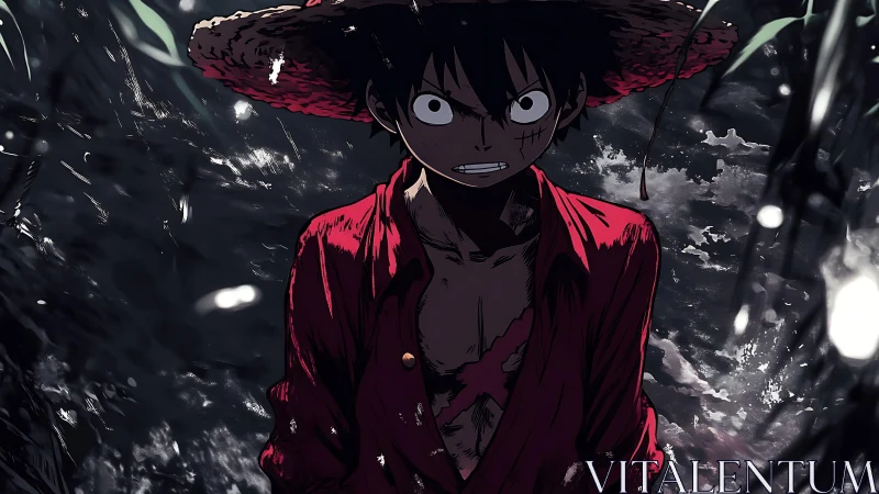 Straw-hatted rogue in stormlit jungle shadows stands defiant.