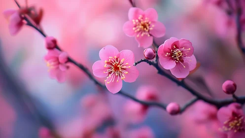 Pink Cherry Blossoms with Selective Focus and Golden Stamens