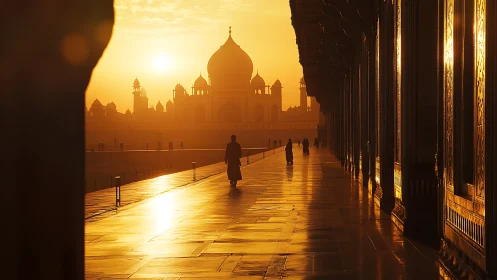 Sunlit walkway and distant domed monument at golden hour.