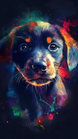 Digital portrait depicts a puppy head rendered in neon colors
