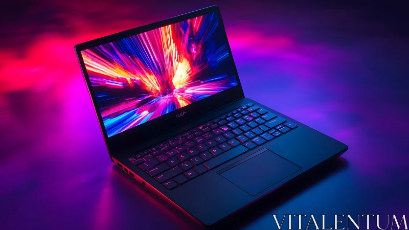 Open laptop displays abstract light streaks on vivid screen