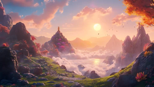 Sunlit pagoda above cloud sea in stylized fantasy valley.