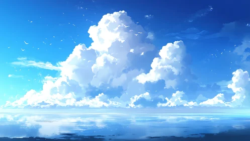 Cloud kingdoms rise quietly above a mirror-bright sea