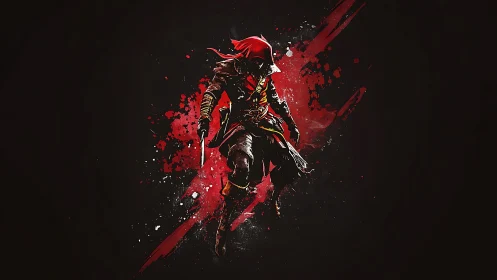 Hooded assassin lunging through crimson ink splatter storm.
