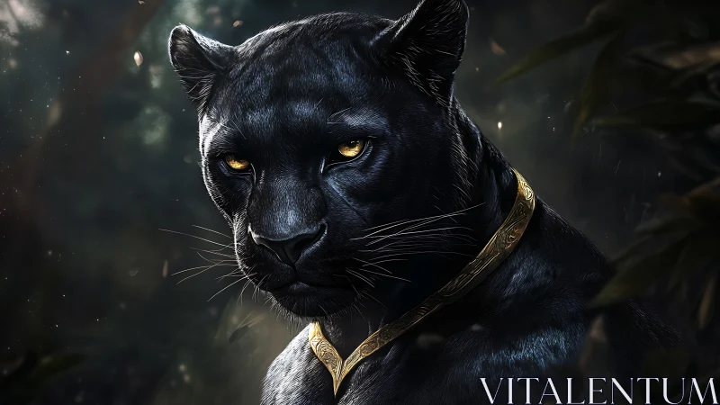 Black Panther Portrait with Golden Eyes and Ornamental Collar