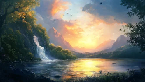 Sunlit alpine lake with cascading waterfall in digital painting