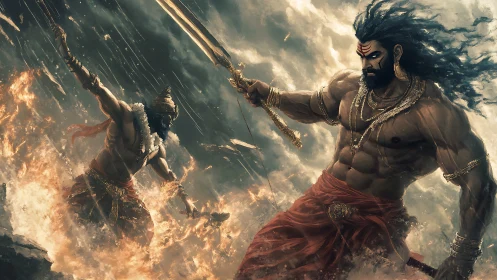 Storm-wreathed warrior duel amid swirling divine fire.