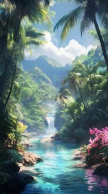 Tropical river and waterfall in dense mountain jungle.