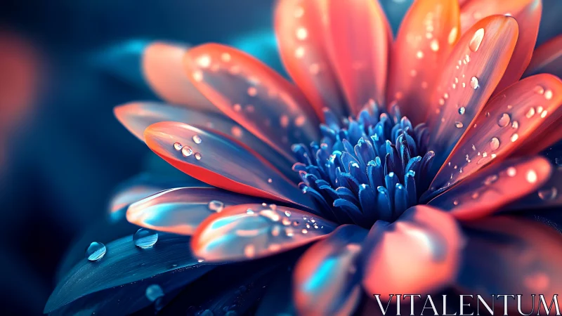 Red Daisy With Blue Center and Water Droplets.