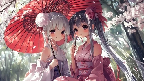 Dual parasol portrait under cherry blossoms with soft rim lighting