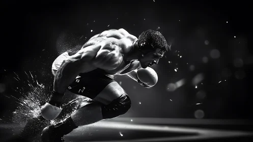 Powerful boxer surging forward in a dramatic black ring.