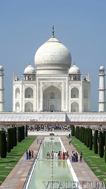 Symmetrical frontal view isolates the Taj Mahal’s domed mausoleum
