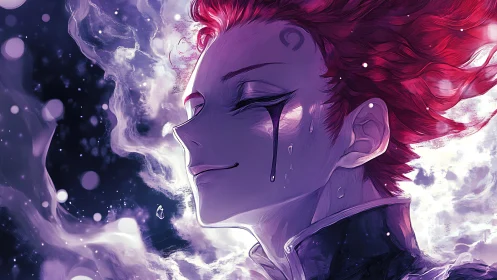 Mystical red‑haired figure exhales luminous cosmic mist.