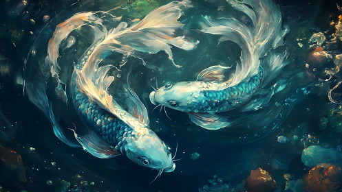 Twin koi fish swirl in luminous teal and gold waters.