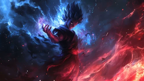 Energy warrior commands dual blue and red elemental storm