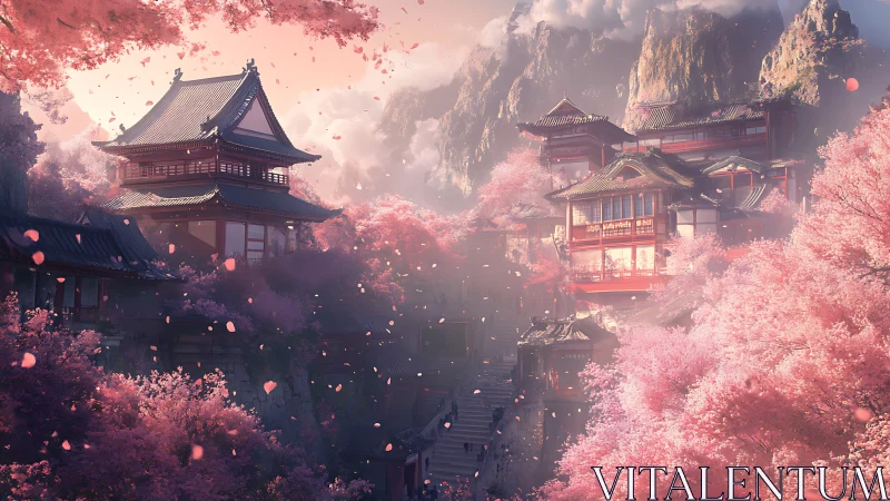 Mountain temple complex glows amid dense cherry blossoms at dusk