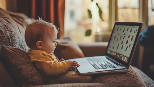 Infant using laptop on sofa under warm natural window light