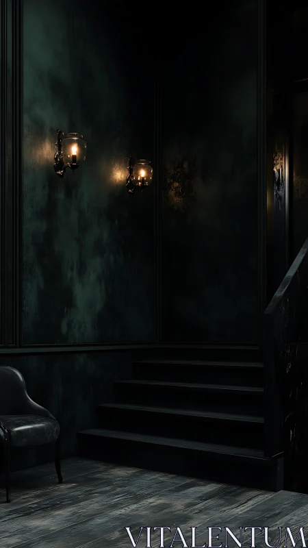 Moody dark staircase glows softly with vintage wall sconces