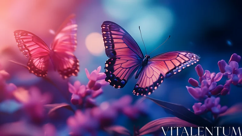 Twilight duet of neon-winged butterflies in dream-bloomed garden.