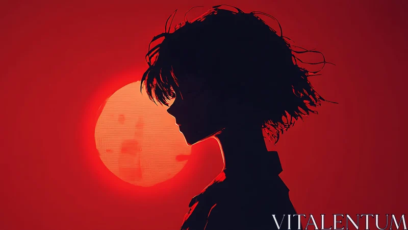 Silhouetted figure observes large red sun in stark profile