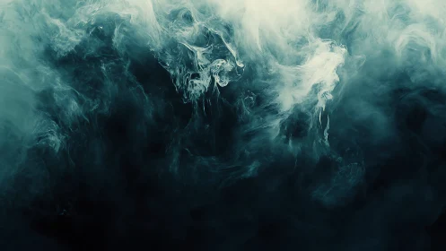 Teal smoke clouds swirl over deep shadowed darkness.