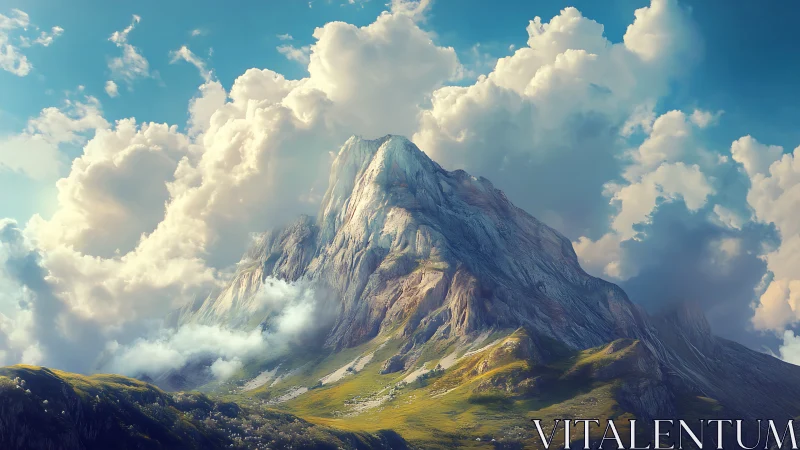 Atmospheric stratocumulus encircling a sunlit alpine monolith.