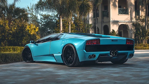 Sunlit blue supercar relaxing by a palm-lined villa drive.
