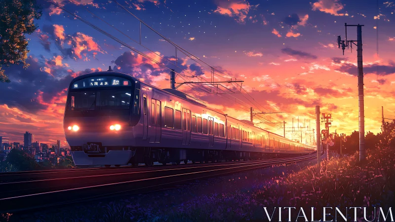 Electric commuter train at sunset under vivid stratocumulus sky