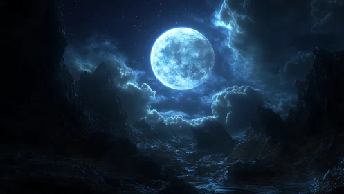 Luminous full moon over jagged alien canyon under starfield