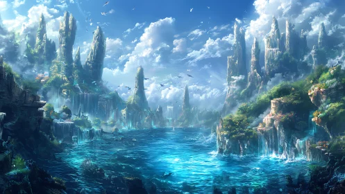 Mythic ocean valley holds luminous waterfalls and spires