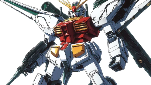 Anime mecha hero in dynamic three-quarter combat stance illustration.