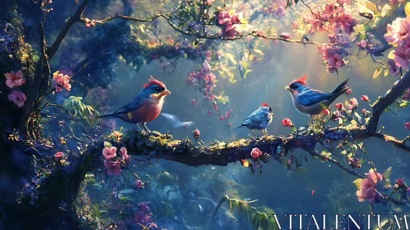 Springlit songbirds trade secrets on a blossom-laced branch