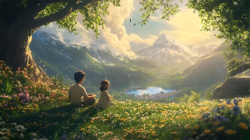 Children observe alpine valley panorama under golden light