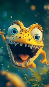 Wide eyed dino sprite lunges forward in gleeful chaos.