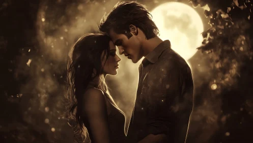 Moonlit Romantic Embrace With Warm Backlighting And Bokeh Effects