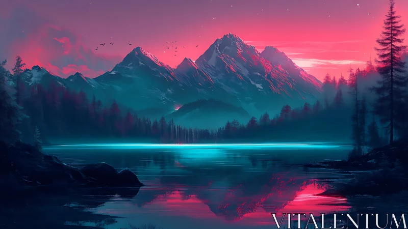 Neon lit mountains over calm reflective forest lake.
