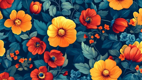 Vibrant Floral Pattern with Orange and Red Blooms.