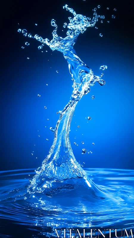 High-speed water splash sculpture under cobalt blue light.
